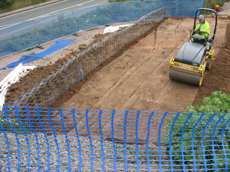 Southern section of Reinforced Earth being installed by John Jones Nigel James on the Roller.