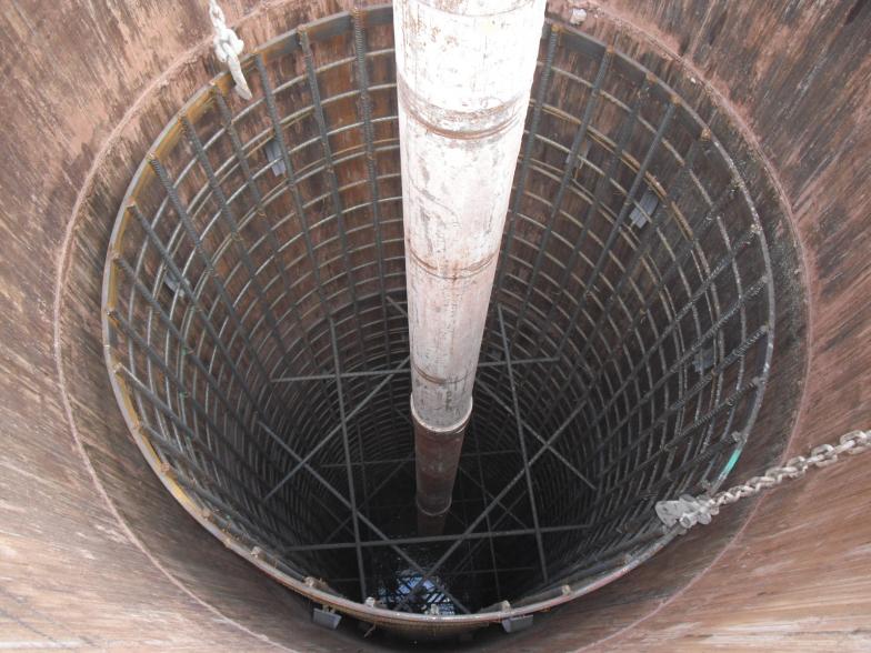 Steel reinforcement set in place - with central tremie pipe installed ready for concrete.