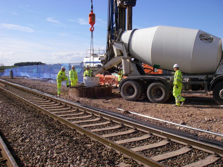 Tremie in the pile concrete being placed from the wagon.