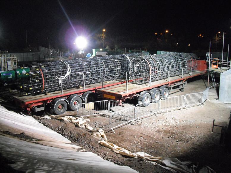 Reinforcement cages delivered ready for lifting into place.