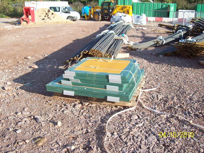 Steel reinforcement delivered to site + bearing slap down plates delivered by Mabey Bridge.