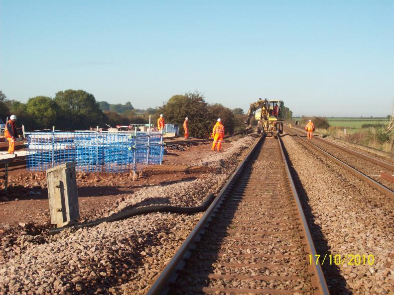 RRV on track pulling the rails onto the track.