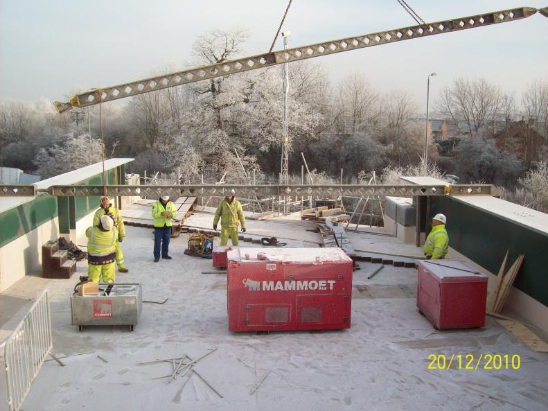 Temporary works being installed to brace the main girders.