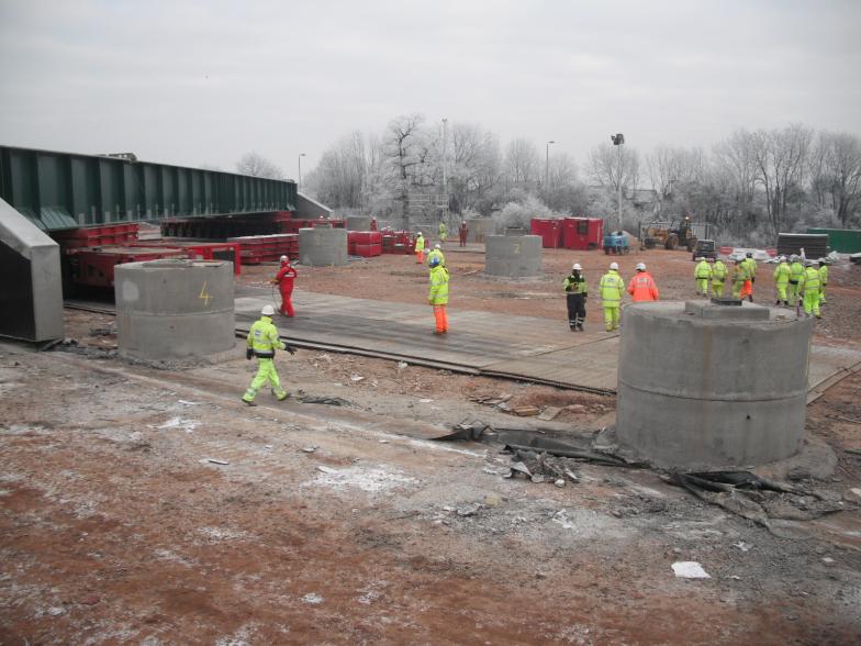 Bridge lifted and moved forward to enable the temporary works to be pulled out of the way.