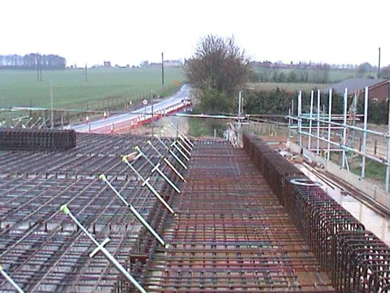 Prefabricated cages being set in place on the deck