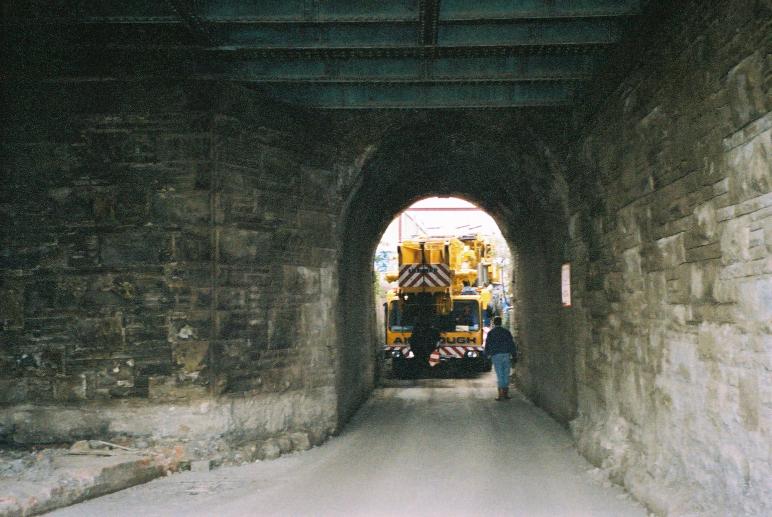 Crane on site at 6am ready to try and pass under the bridge.