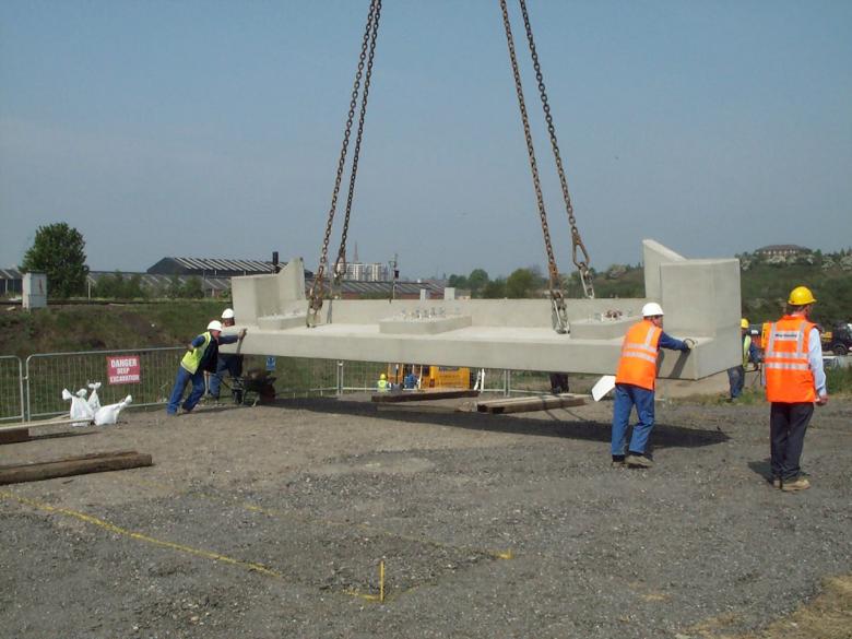 Bridge units being laid out for trial erection.