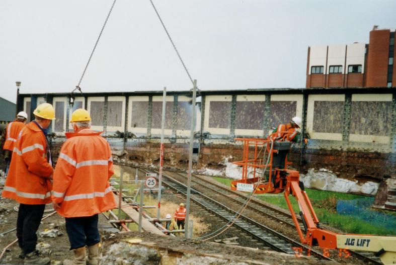 Edge Girder being cut free - Looking on Ian Watson, Andy Finerty and at track level Simon Boddy.