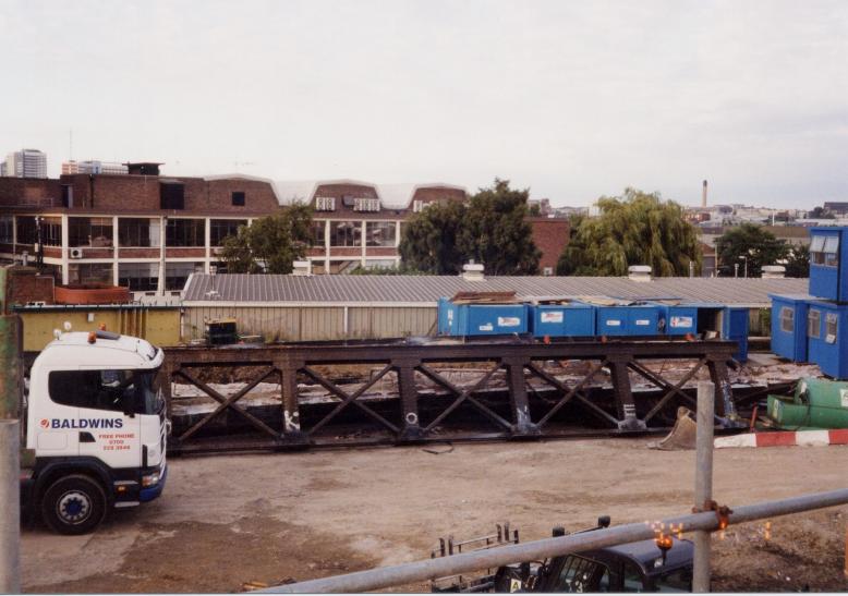 Trestle lifted out and laid in the site compound for cutting up.