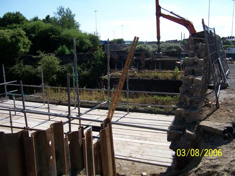 Scaffold being installed as a crash deck between the abutments and the leaf piers.