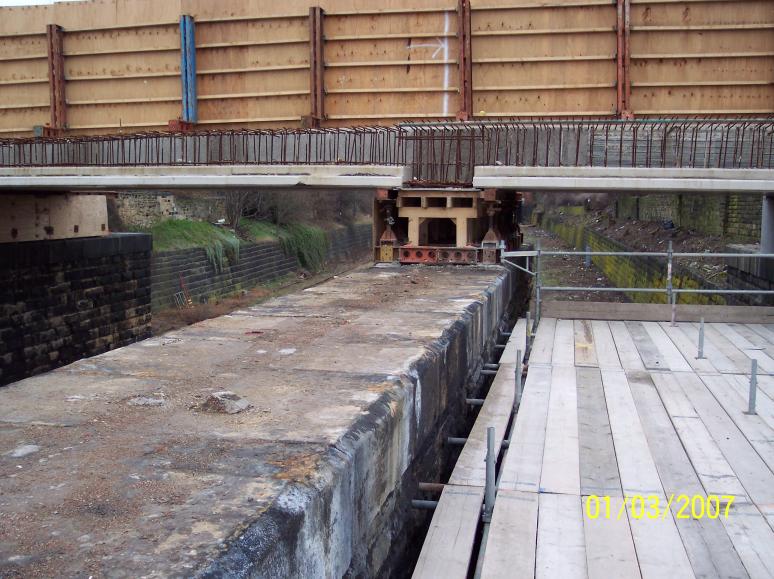 View on the top of the piers looking toward the temporary works support.