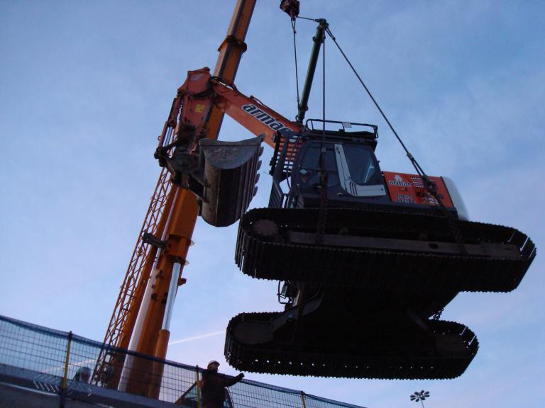 Crane lifting out the Machines from track level at the end of the possession.