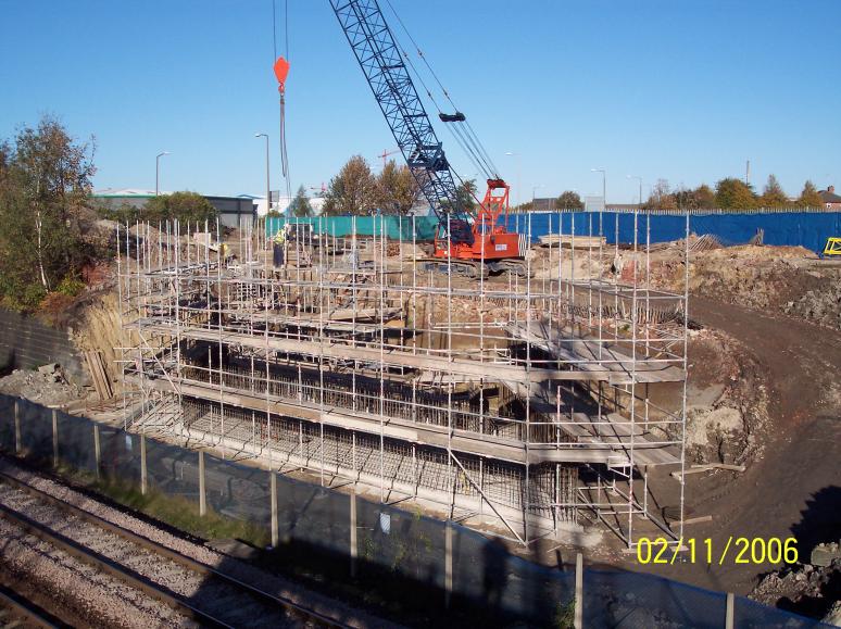 North Abutment scaffold being erected ready for steel fixing