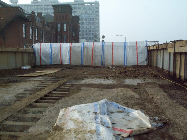 Hydrodemolition sheeted area on the deck