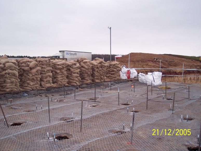 Sand bags set up on the deck