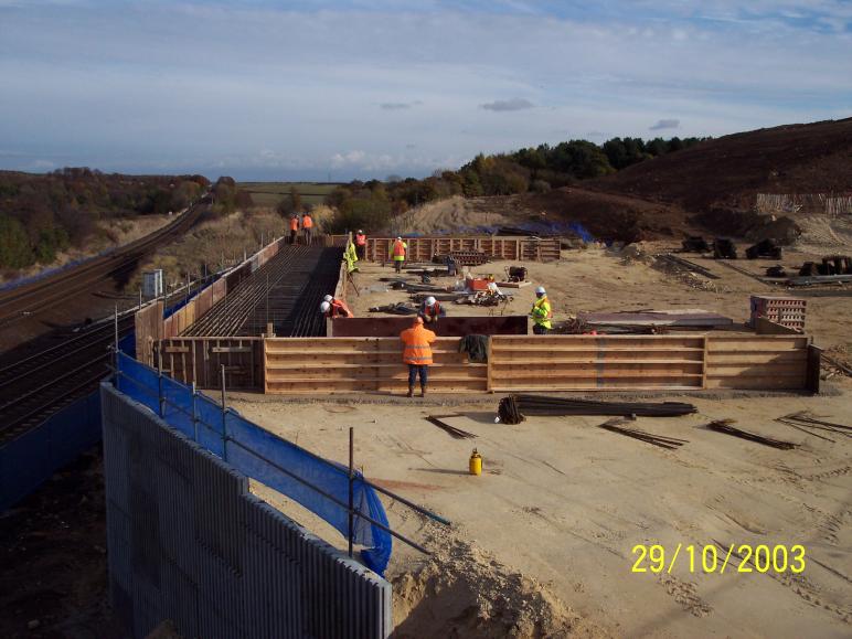 South abutment base reinforcment and Formwork being set